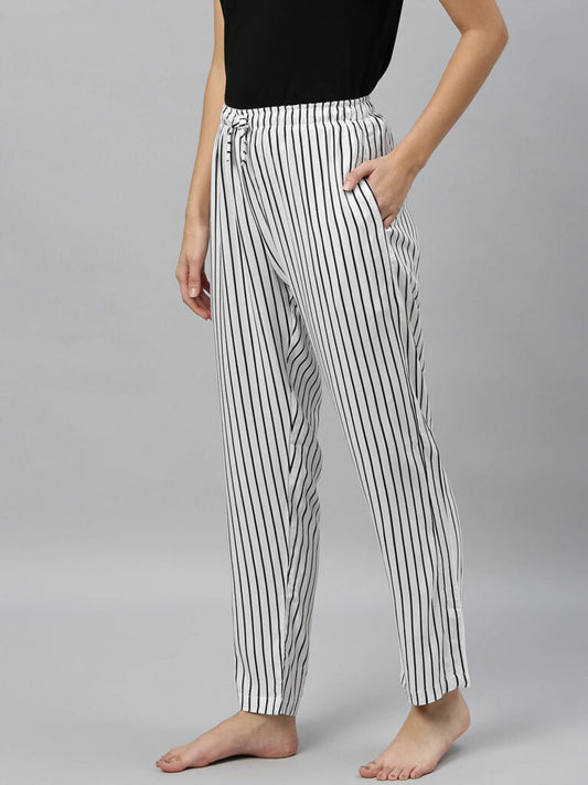 Women White &amp; Black Striped Relaxed Fit Lounge Pants