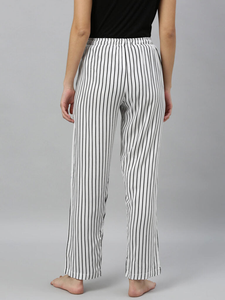 Women White &amp; Black Striped Relaxed Fit Lounge Pants