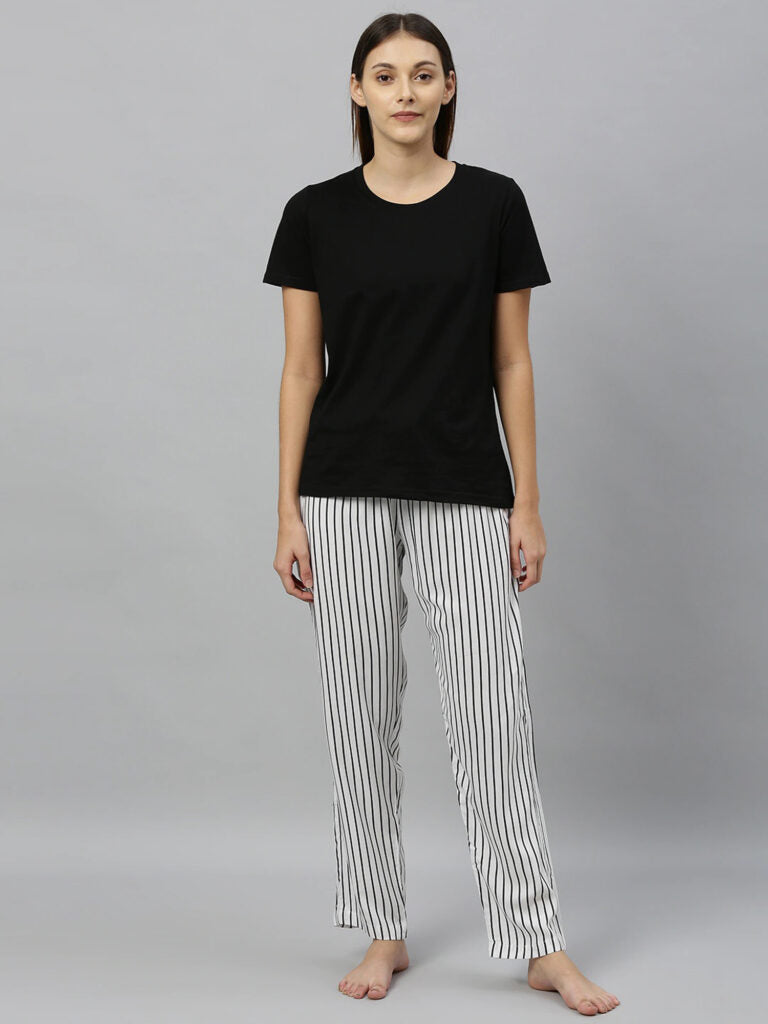 Women White &amp; Black Striped Relaxed Fit Lounge Pants