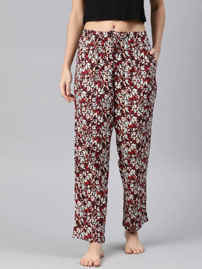 Women Maroon &amp; Off-White Printed Relaxed Fit Lounge Pants