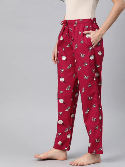 Women Red & White Floral Printed Relaxed Fit Lounge Pants