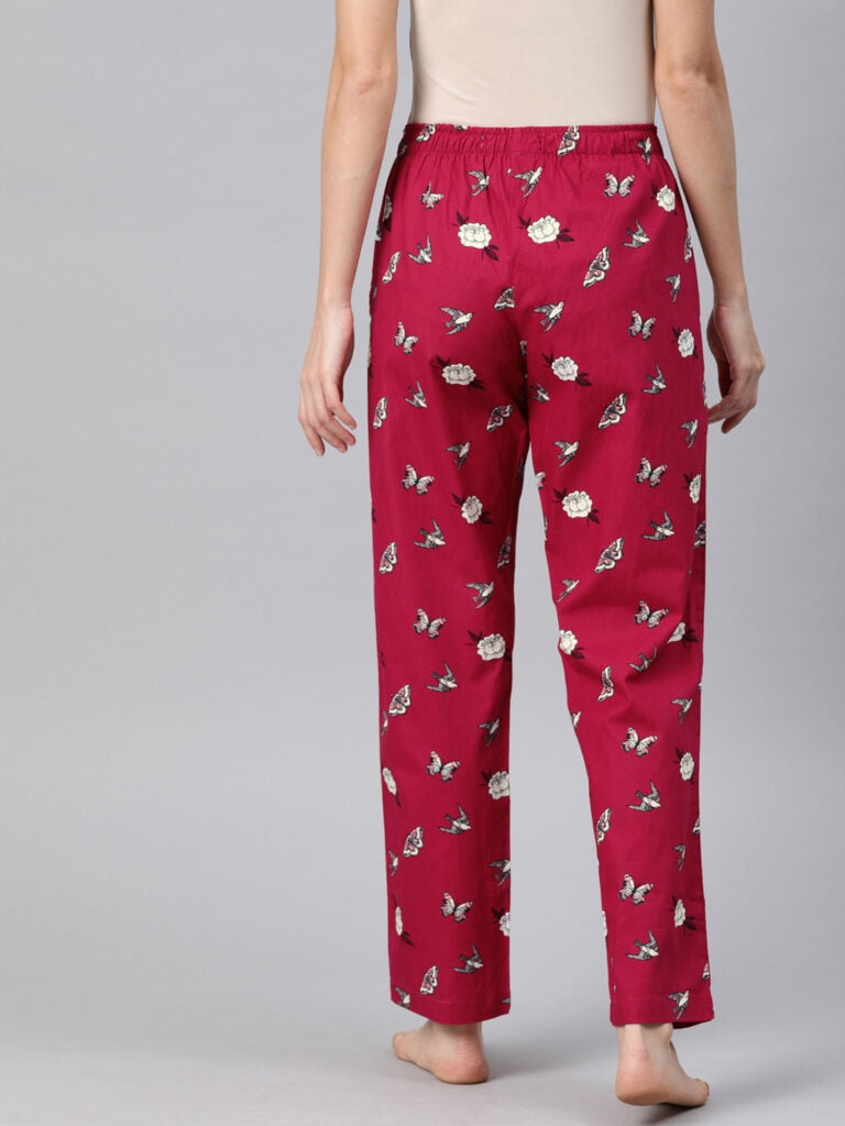 Women Red &amp; White Floral Printed Relaxed Fit Lounge Pants