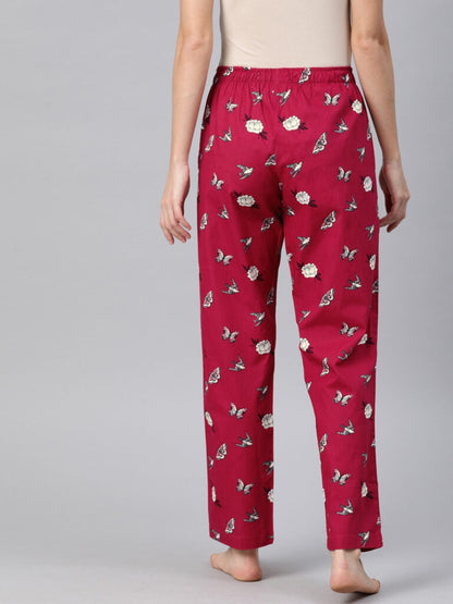 Women Red &amp; White Floral Printed Relaxed Fit Lounge Pants