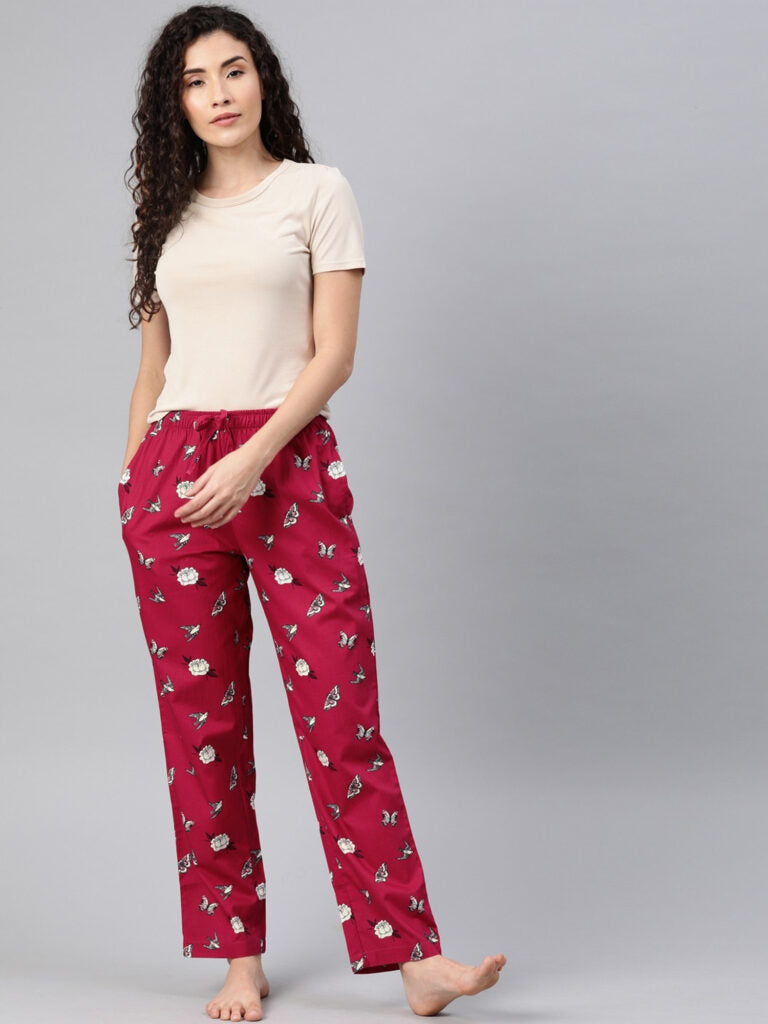 Women Red &amp; White Floral Printed Relaxed Fit Lounge Pants