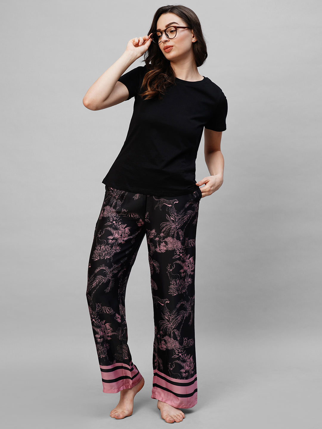 Women Black pink printed pyjama