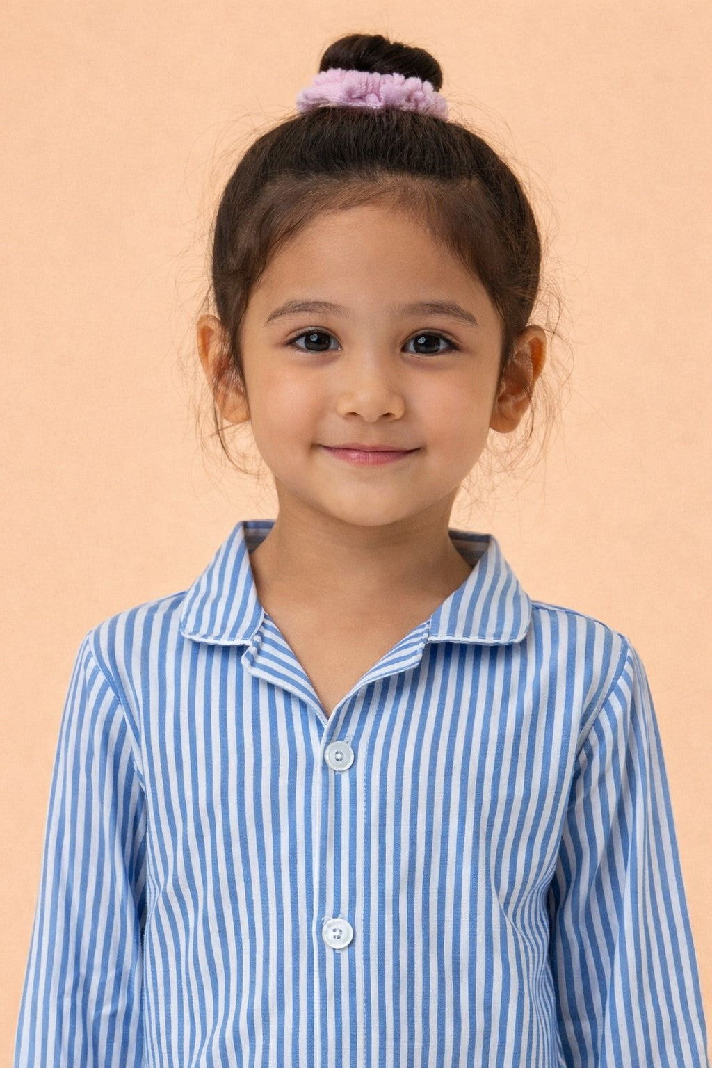 Piccolo Girls Striped Seersucker Cotton Night Suit with  Back Hello Sunshine Embroidery Blue & White