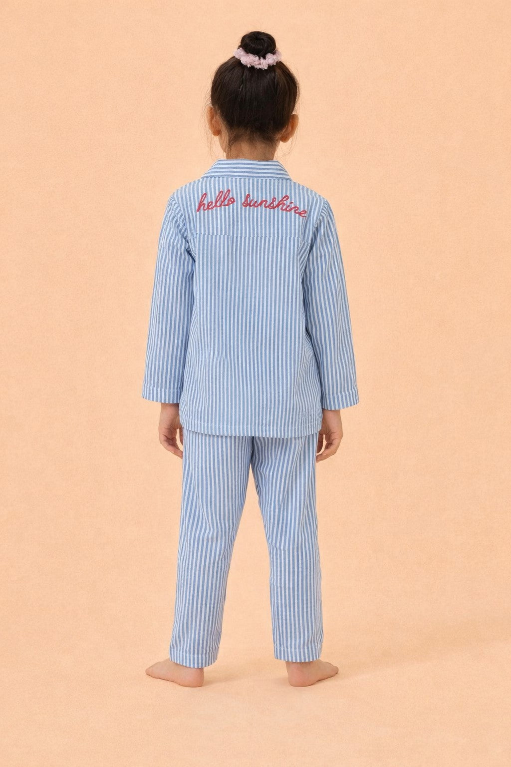 Piccolo Girls Striped Seersucker Cotton Night Suit with  Back Hello Sunshine Embroidery Blue & White