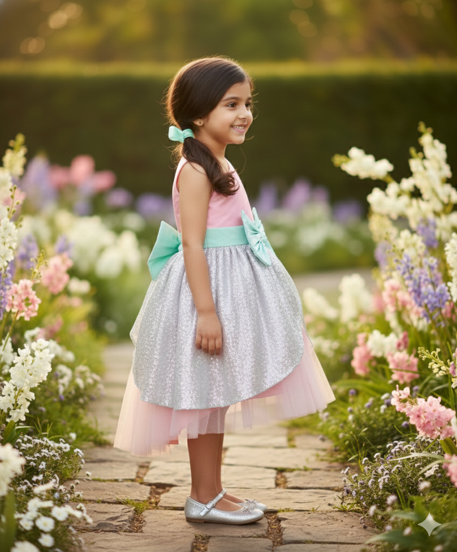 Girls Pink Bow Appliqué Sequin One Shoulder Dress