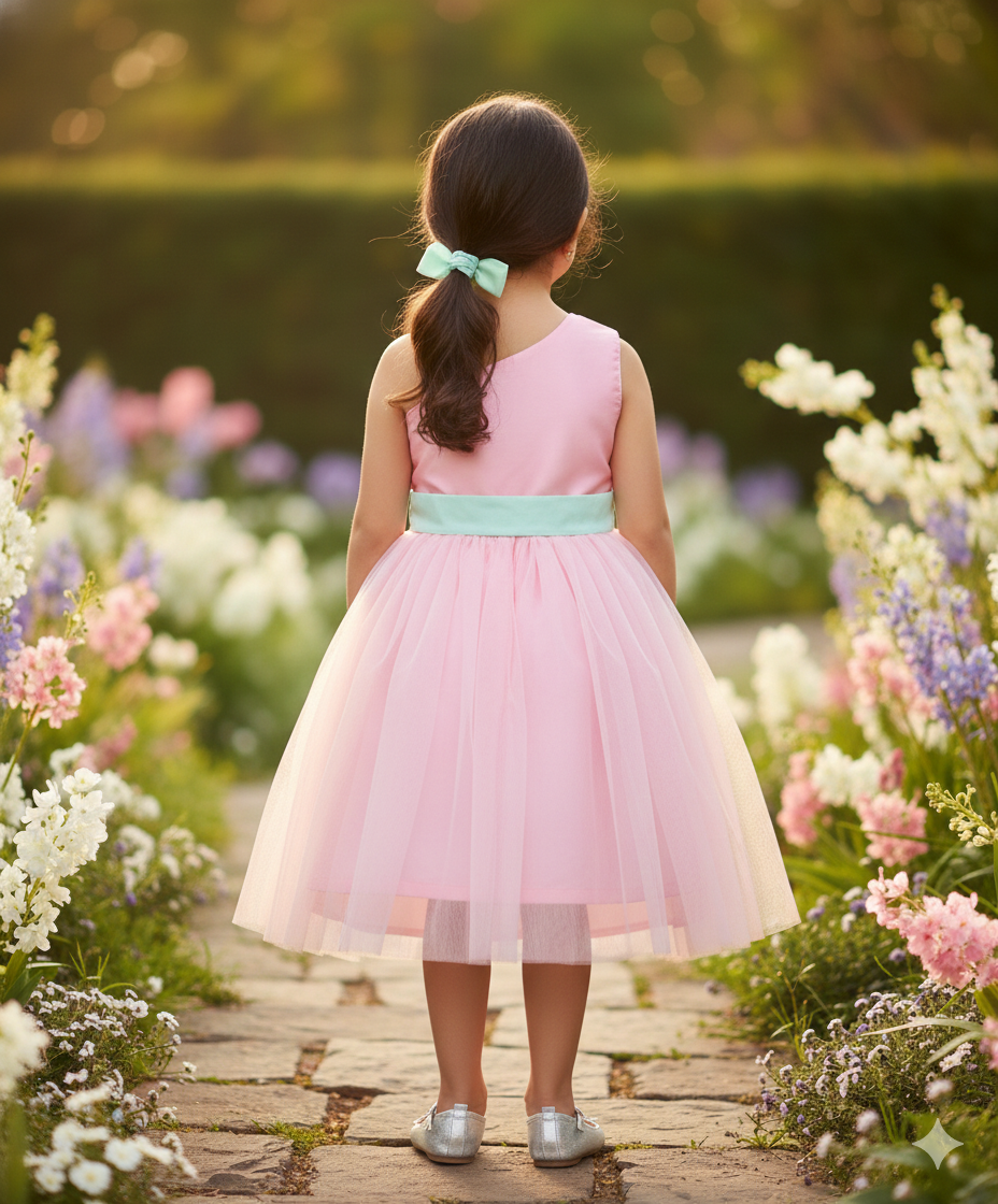 Girls Pink Bow Appliqué Sequin One Shoulder Dress