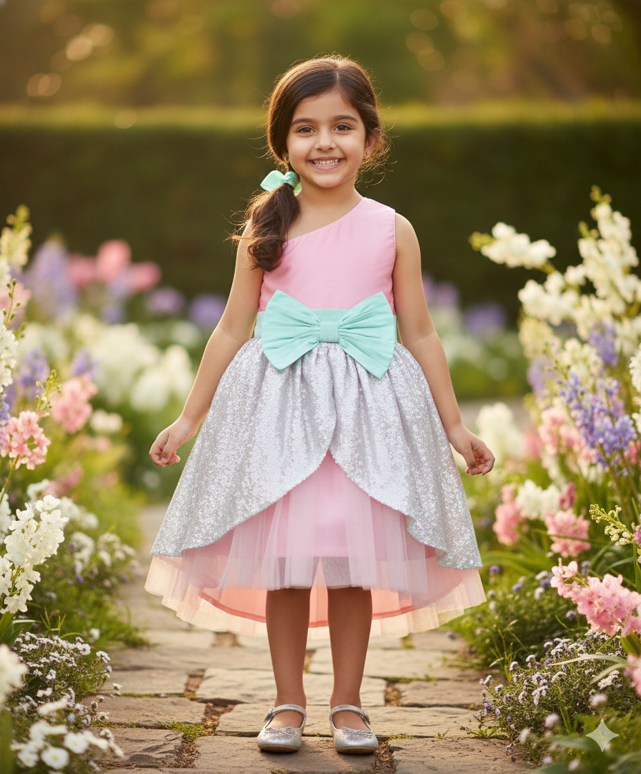 Girls Pink Bow Appliqué Sequin One Shoulder Dress