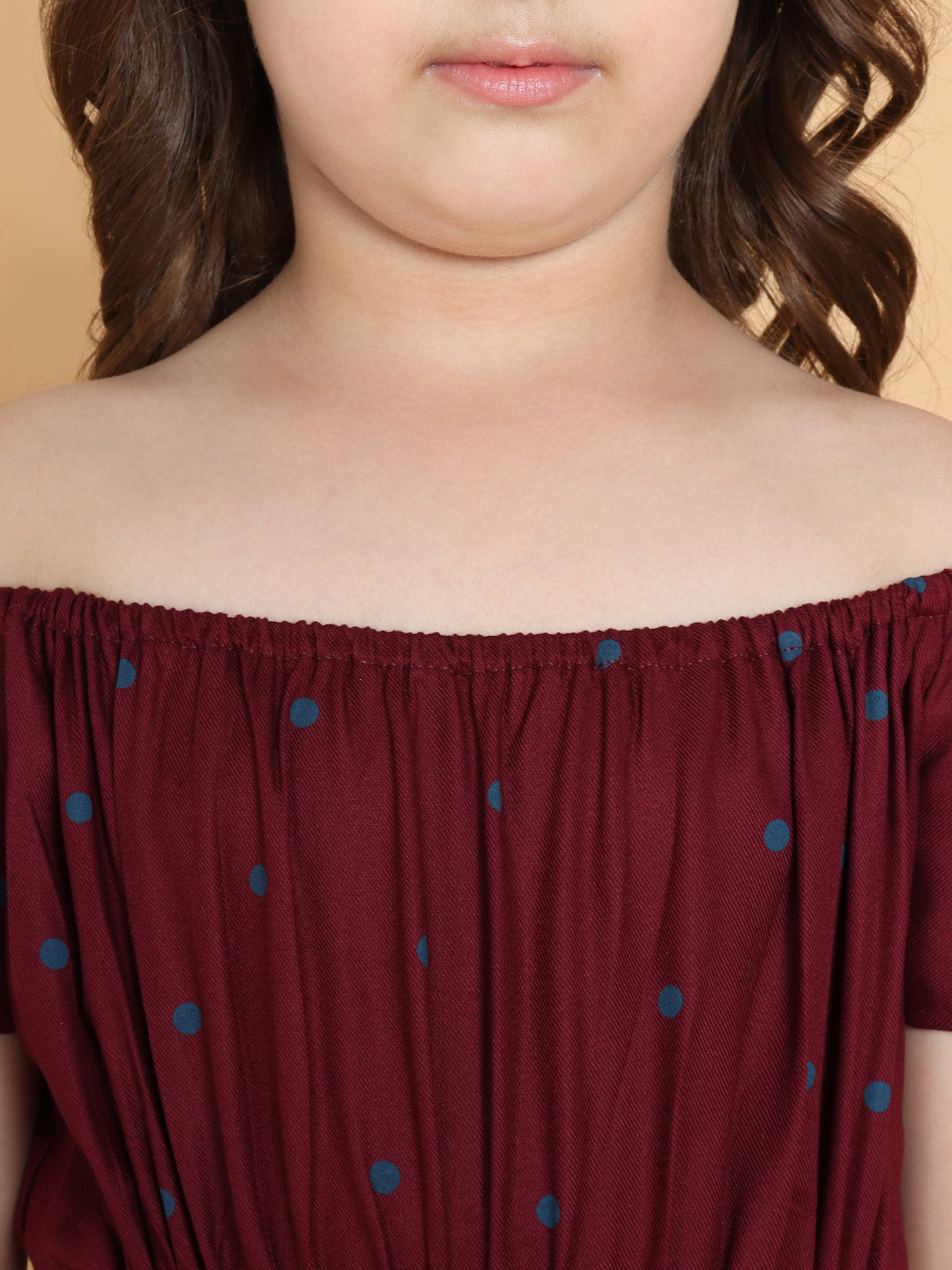 Piccolo - Maroon with Blue Dots Off Shoulder Dress