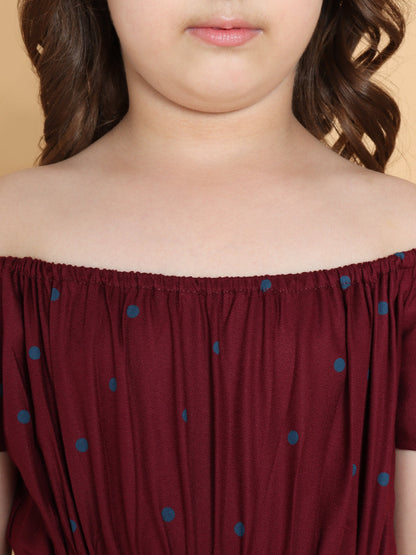 Piccolo - Maroon with Blue Dots Off Shoulder Dress
