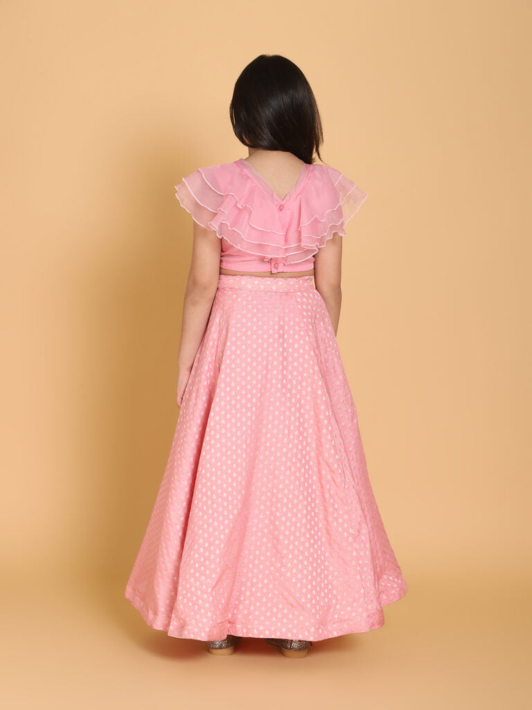 Girls Pink &amp; Gold-Toned Ready to Wear Lehenga &amp; Blouse Set