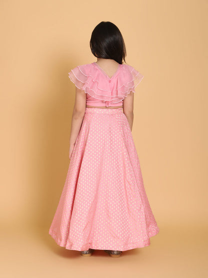Girls Pink &amp; Gold-Toned Ready to Wear Lehenga &amp; Blouse Set