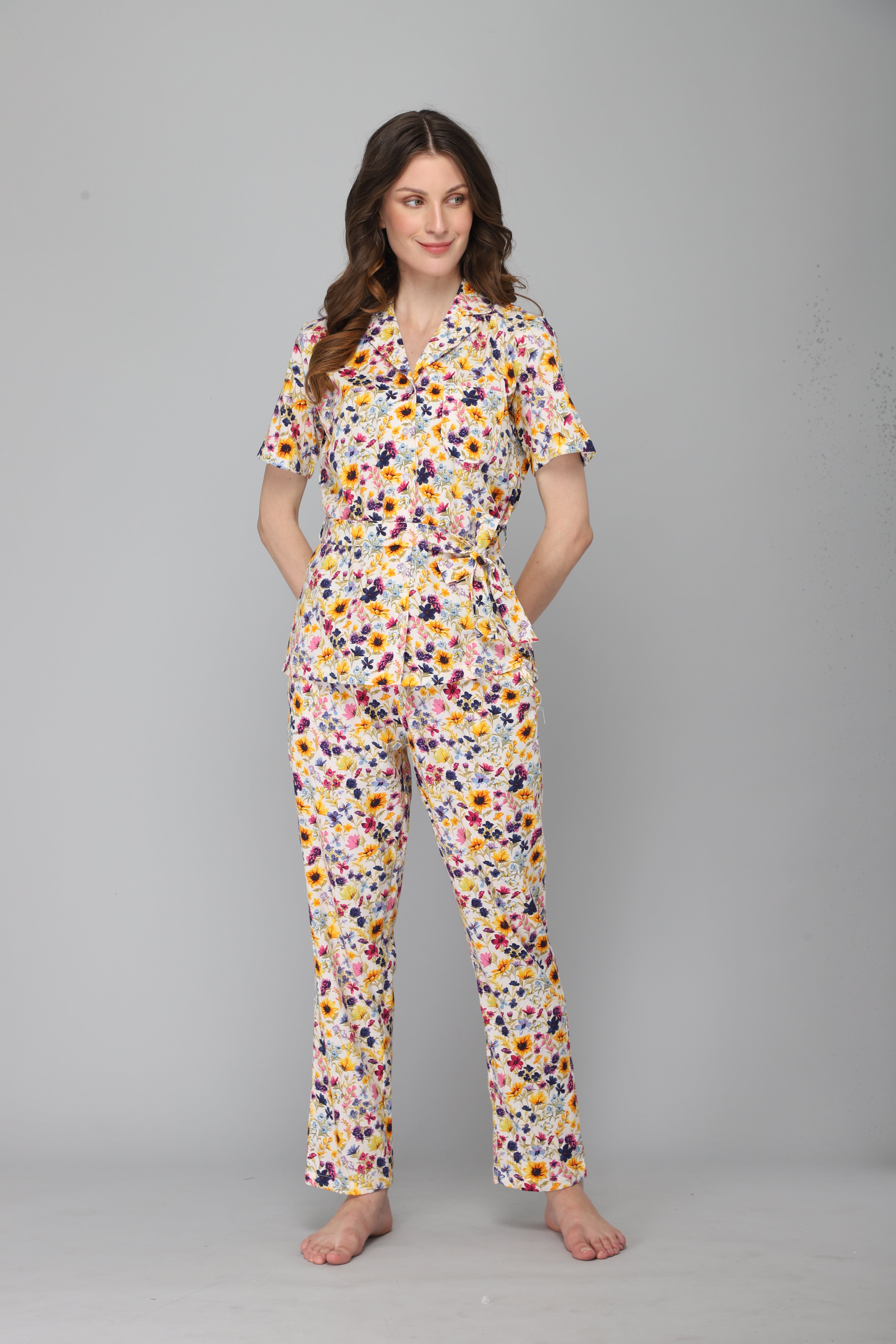 DRAPE IN VOGUE Women Off White & Yellow Floral Printed Night suit