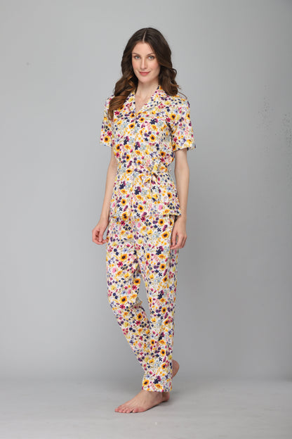 DRAPE IN VOGUE Women Off White &amp; Yellow Floral Printed Night suit