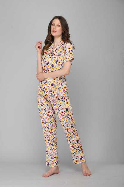 DRAPE IN VOGUE Women Off White &amp; Yellow Floral Printed Night suit
