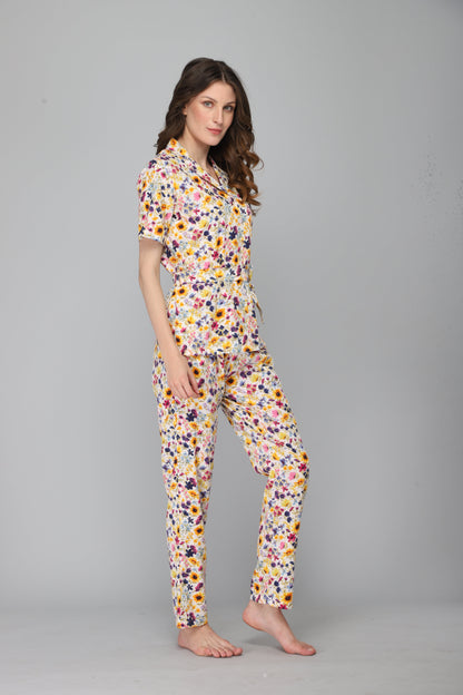 DRAPE IN VOGUE Women Off White &amp; Yellow Floral Printed Night suit
