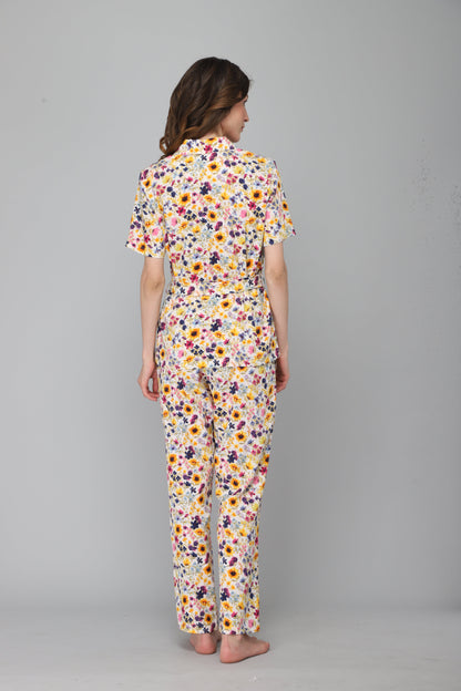 DRAPE IN VOGUE Women Off White &amp; Yellow Floral Printed Night suit