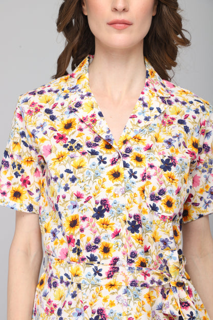 DRAPE IN VOGUE Women Off White &amp; Yellow Floral Printed Night suit