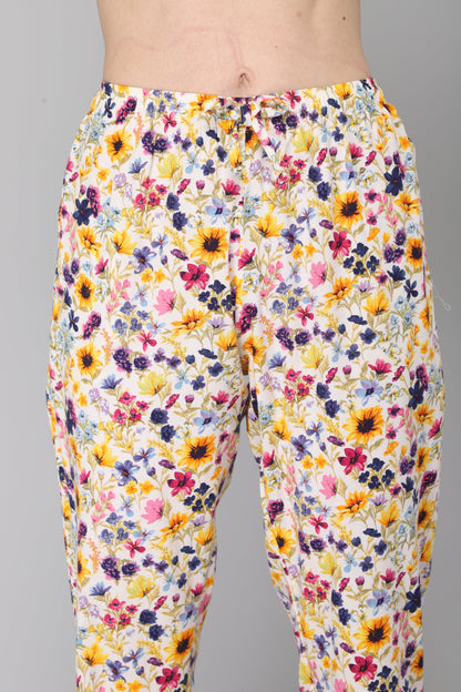 DRAPE IN VOGUE Women Off White &amp; Yellow Floral Printed Night suit