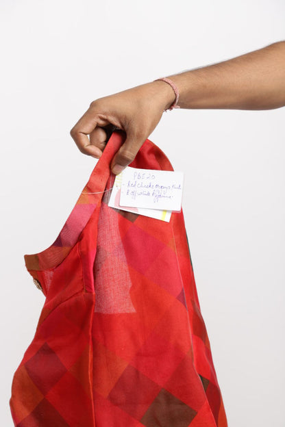 Red Bias Checks Print Kurta With White Payjama Set