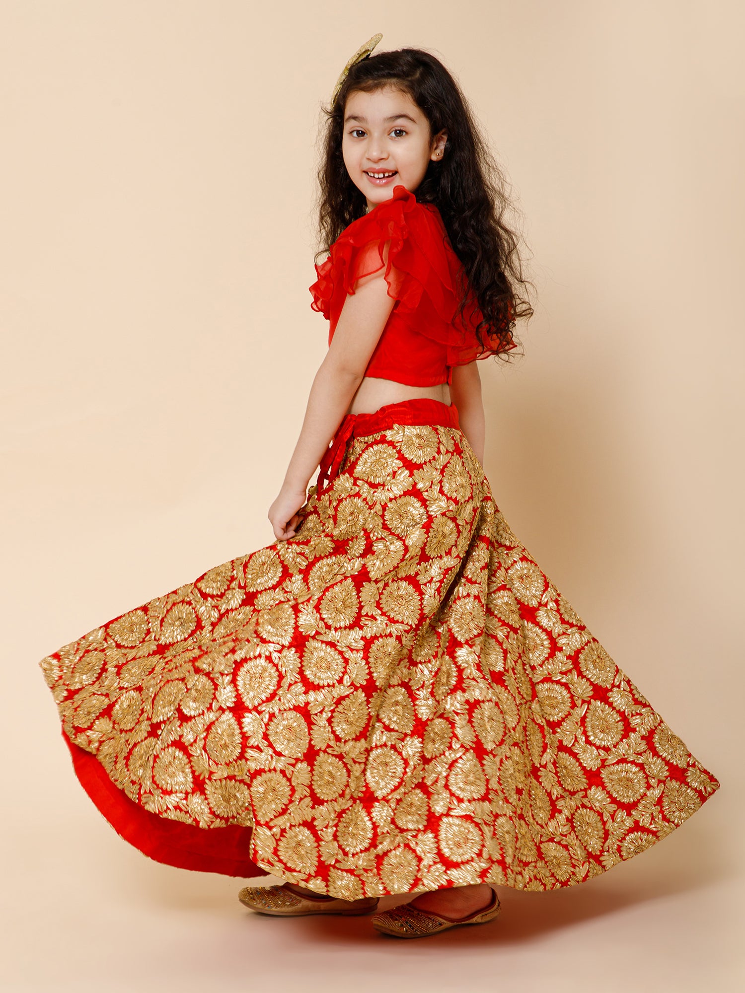 Girls Red Ruffled Sleeves Applique Blouse & Floral Motif Lehenga Set