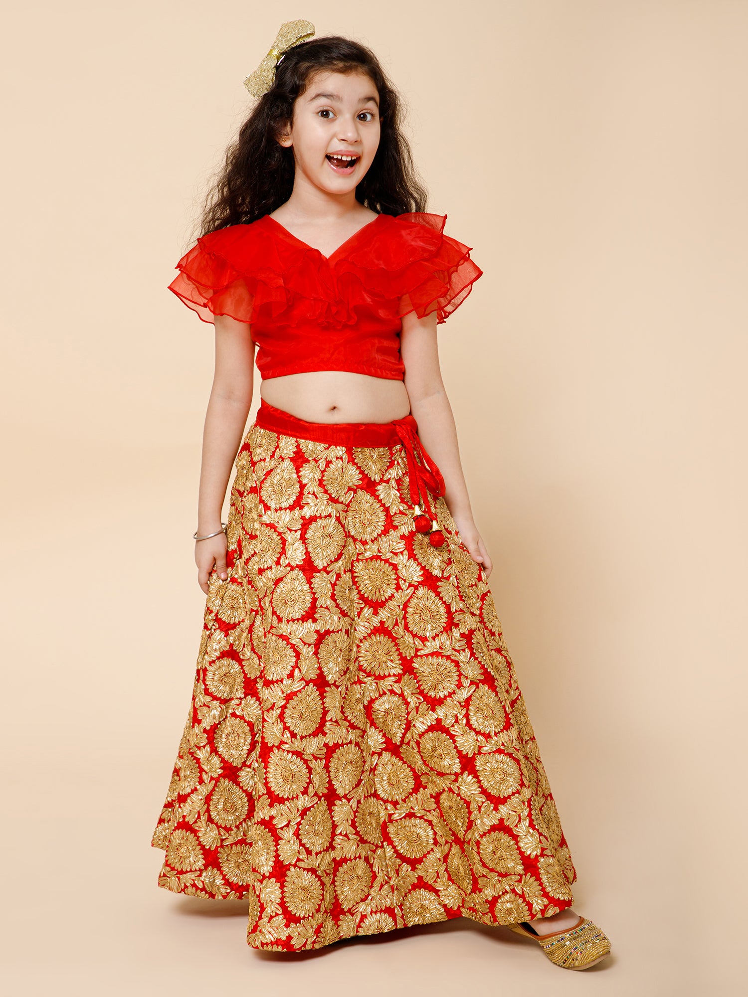 Girls Red Ruffled Sleeves Applique Blouse & Floral Motif Lehenga Set