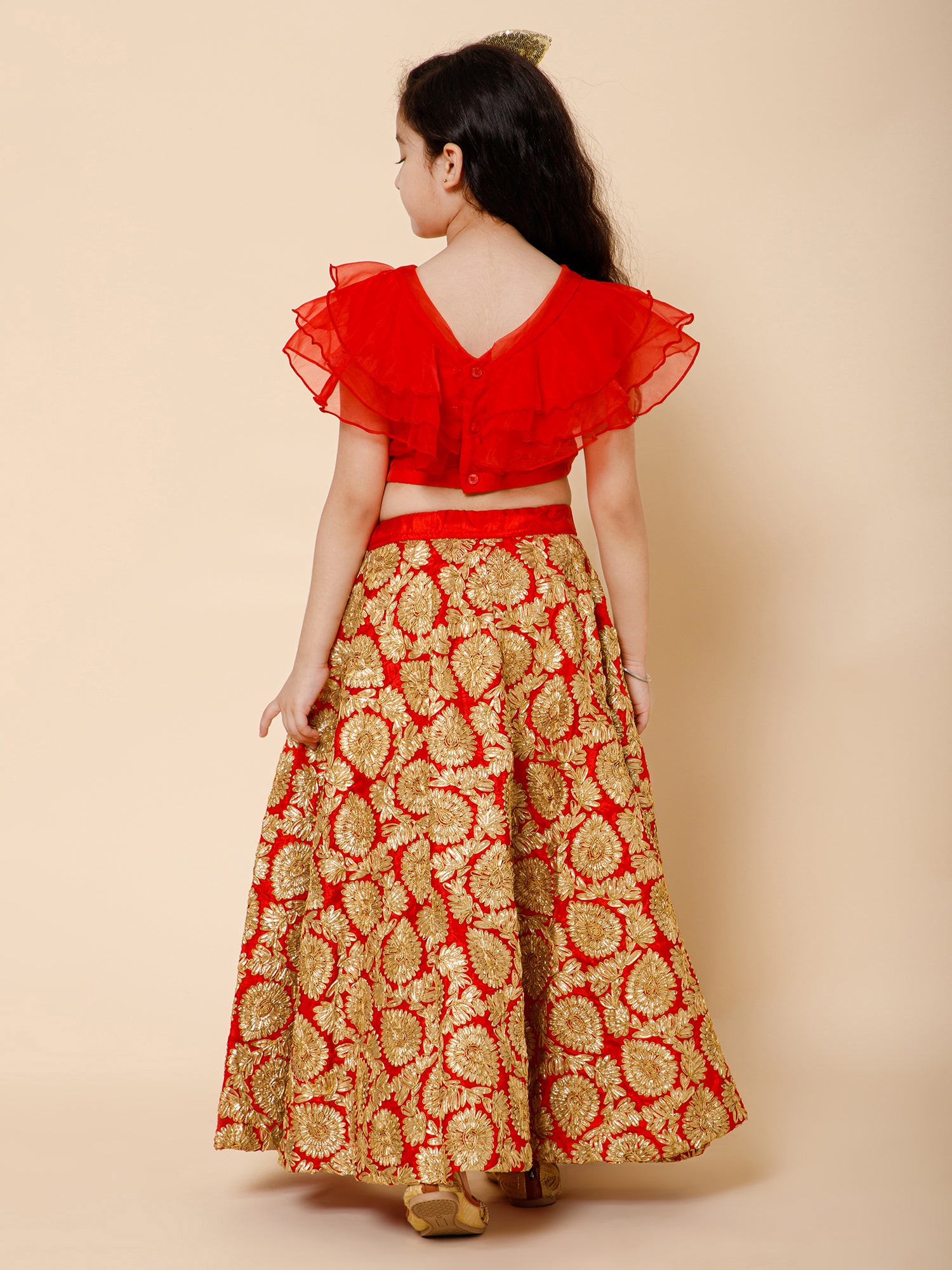 Girls Red Ruffled Sleeves Applique Blouse & Floral Motif Lehenga Set