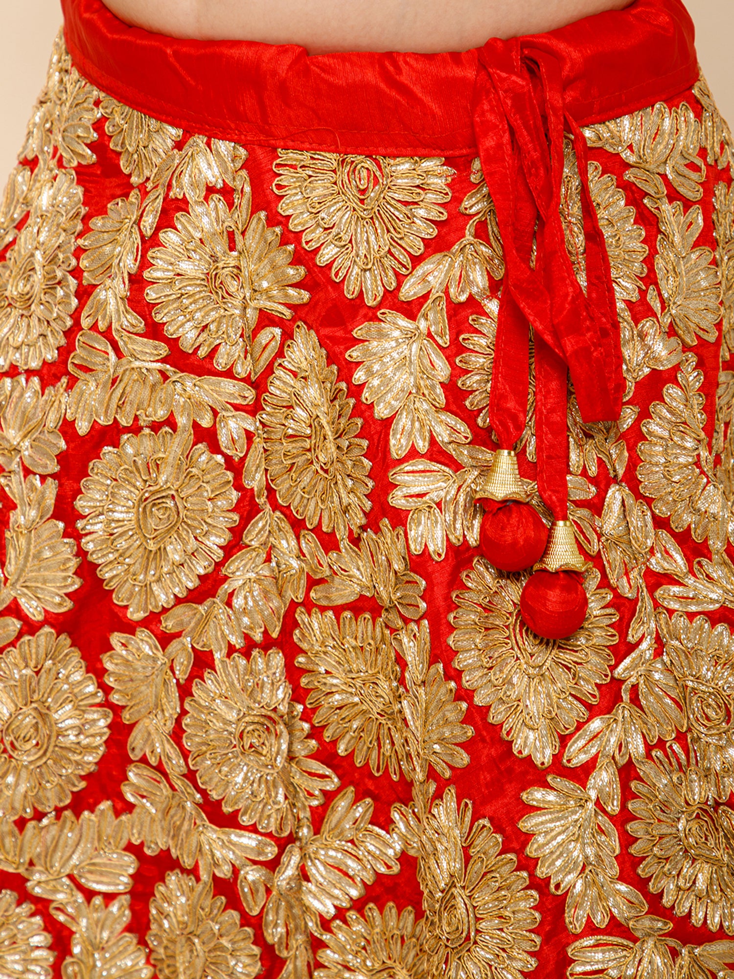 Girls Red Ruffled Sleeves Applique Blouse & Floral Motif Lehenga Set