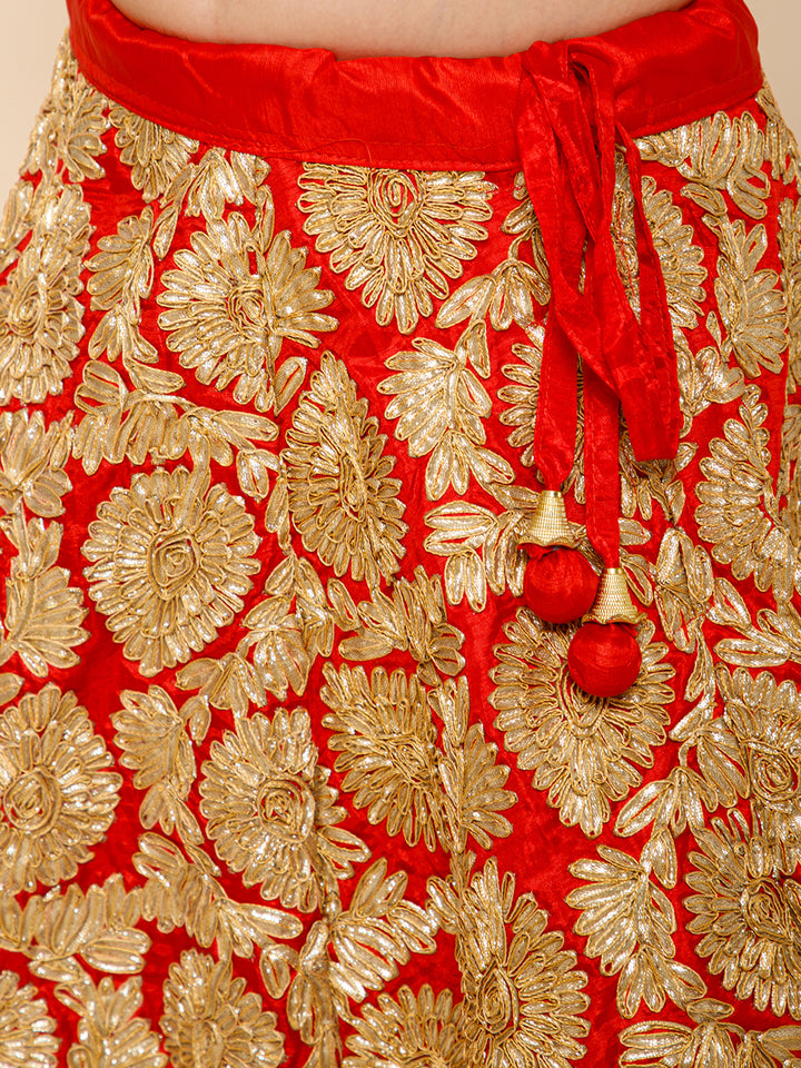 Girls Red Ruffled Sleeves Applique Blouse & Floral Motif Lehenga Set