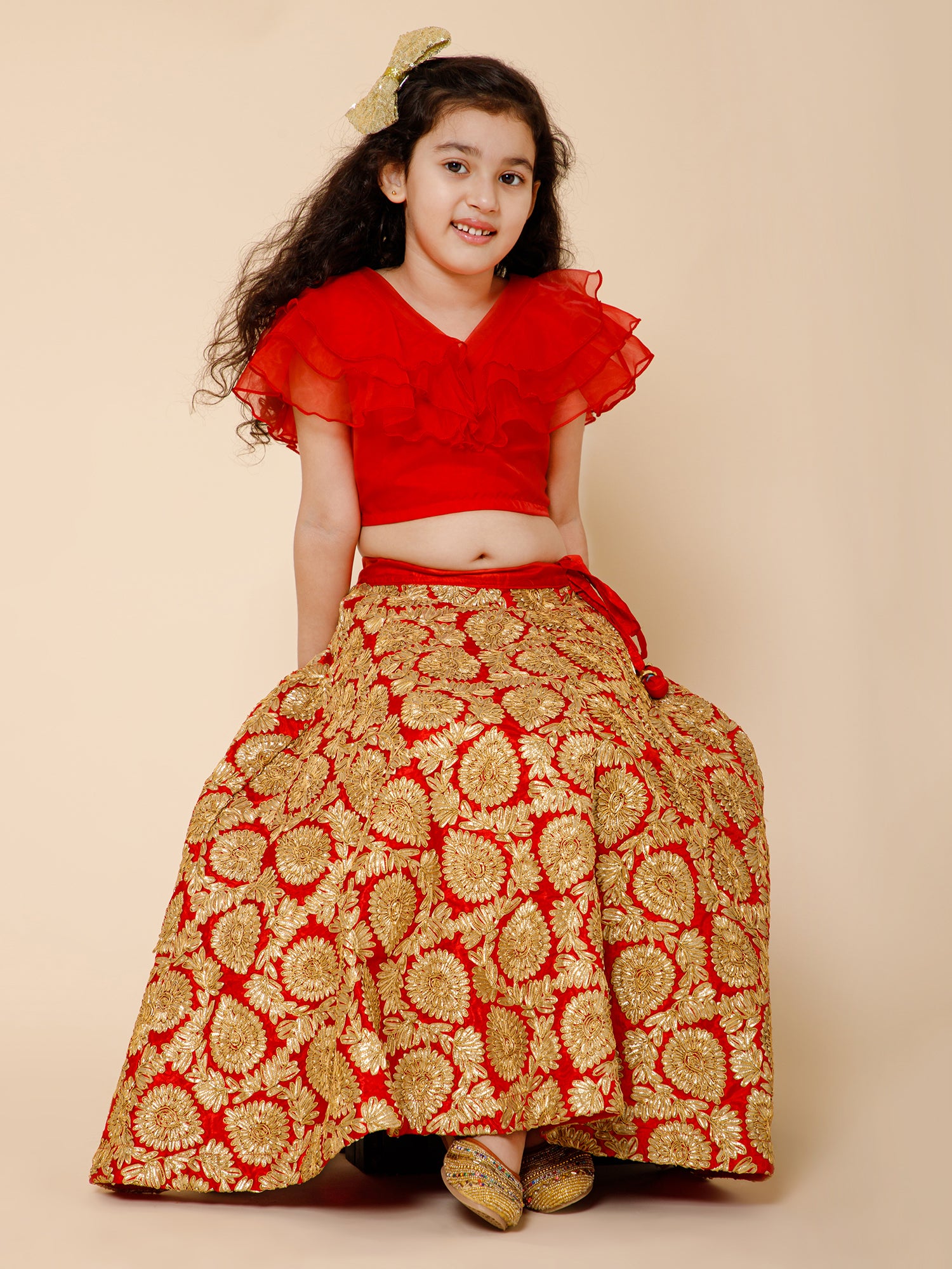 Girls Red Ruffled Sleeves Applique Blouse & Floral Motif Lehenga Set