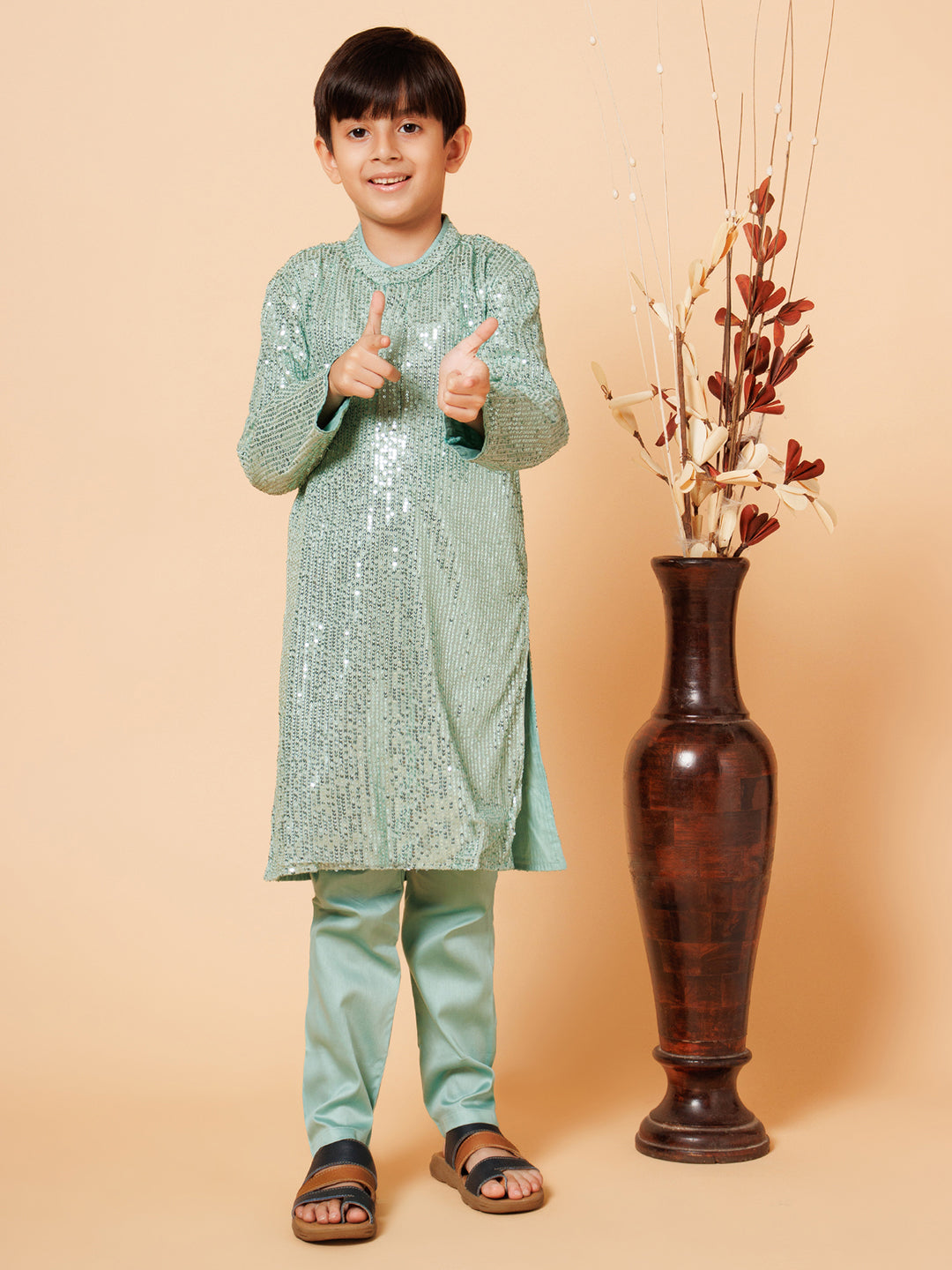 Piccolo Boys Light Green sequence Kurta Pyjama set