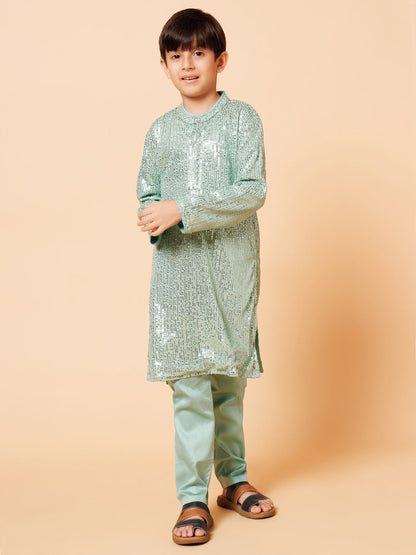 Piccolo Boys Light Green sequence Kurta Pyjama set
