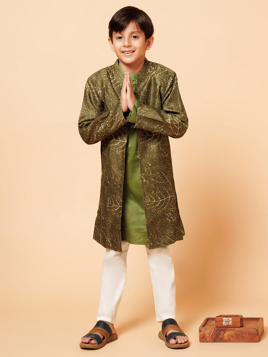 Piccolo Boys Green Kurta Pyjama with Long Printed Jacket set