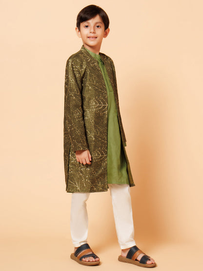 Piccolo Boys Green Kurta Pyjama with Long Printed Jacket set