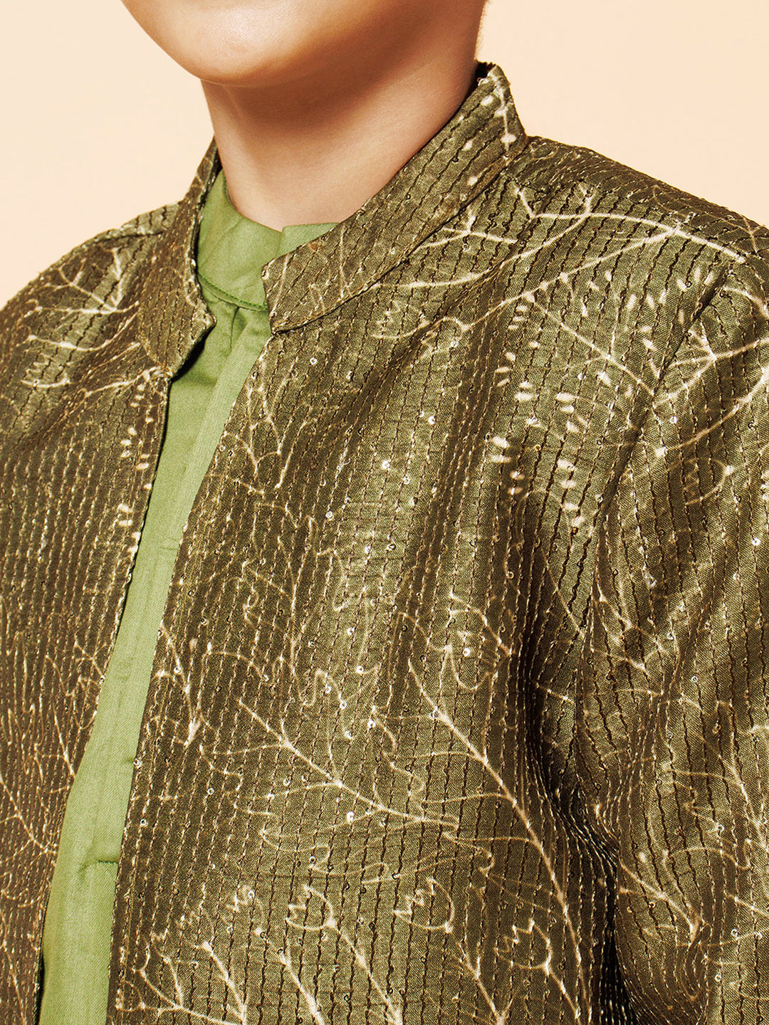 Piccolo Boys Green Kurta Pyjama with Long Printed Jacket set