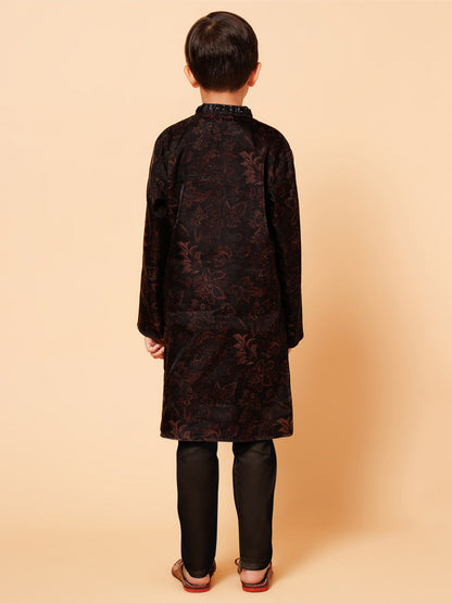 Piccolo Boys Black organza Printed Kurta Pyjama set