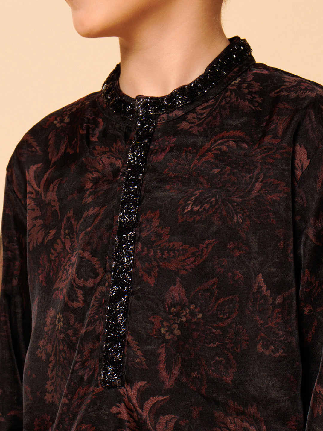 Piccolo Boys Black organza Printed Kurta Pyjama set