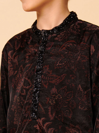 Piccolo Boys Black organza Printed Kurta Pyjama set