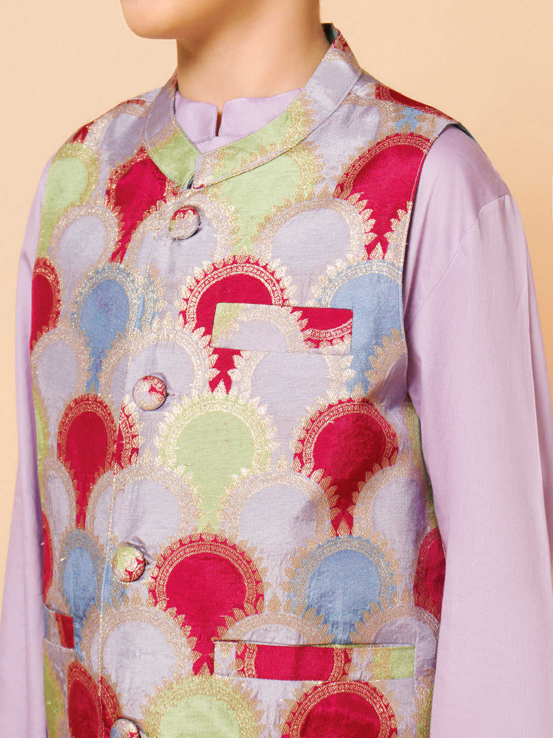 Colourful patterned Nehru Jacket Over A Lavender Kurta