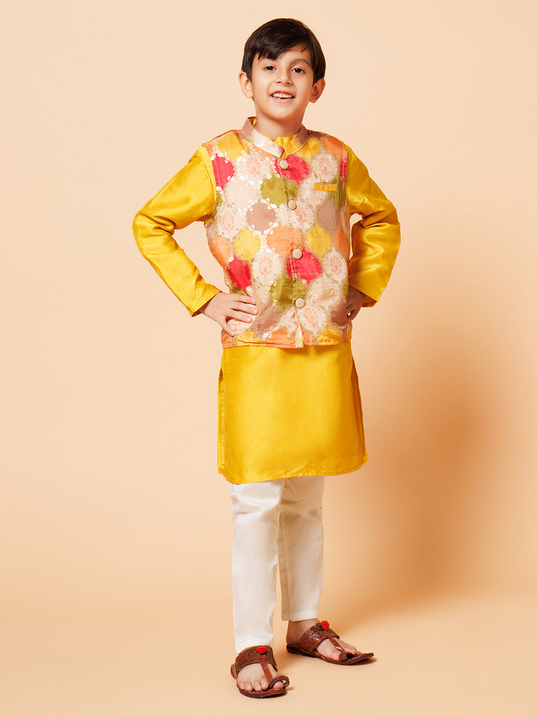 Piccolo Boys Yellow Kurta Pyjama with silk Jacket set