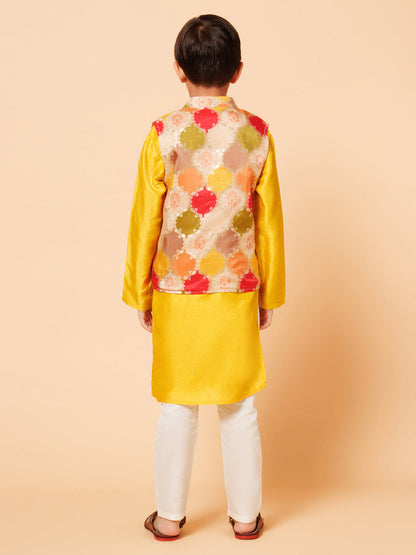 Piccolo Boys Yellow Kurta Pyjama with silk Jacket set