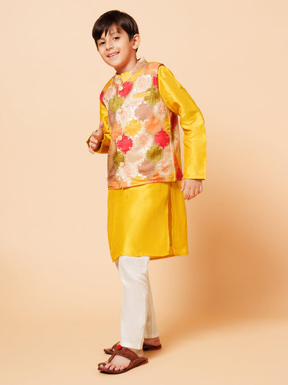 Boys Yellow Kurta Pyjama Set With Silk Jacket
