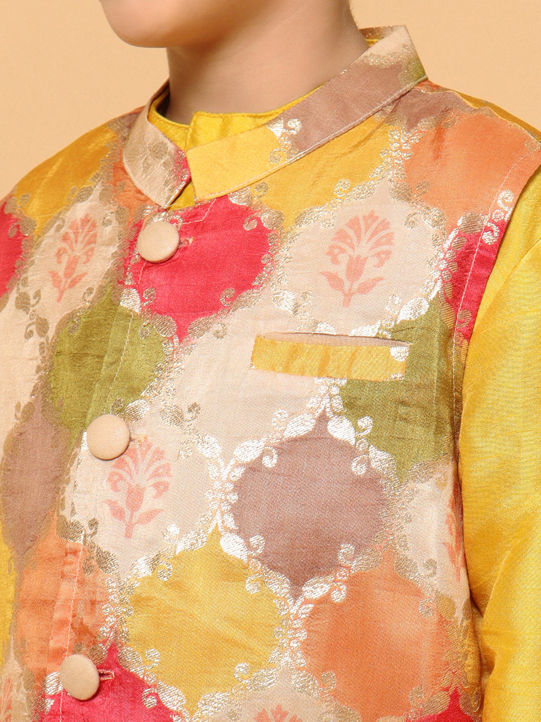 Piccolo Boys Yellow Kurta Pyjama with silk Jacket set