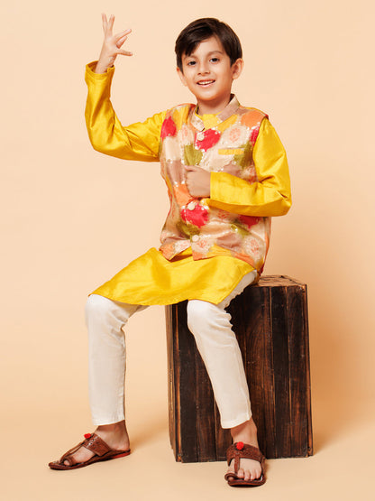 Piccolo Boys Yellow Kurta Pyjama with silk Jacket set