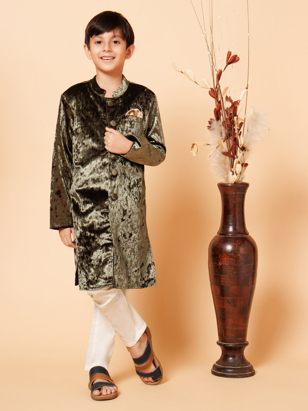 Piccolo Boys Green Velvet Sherwani