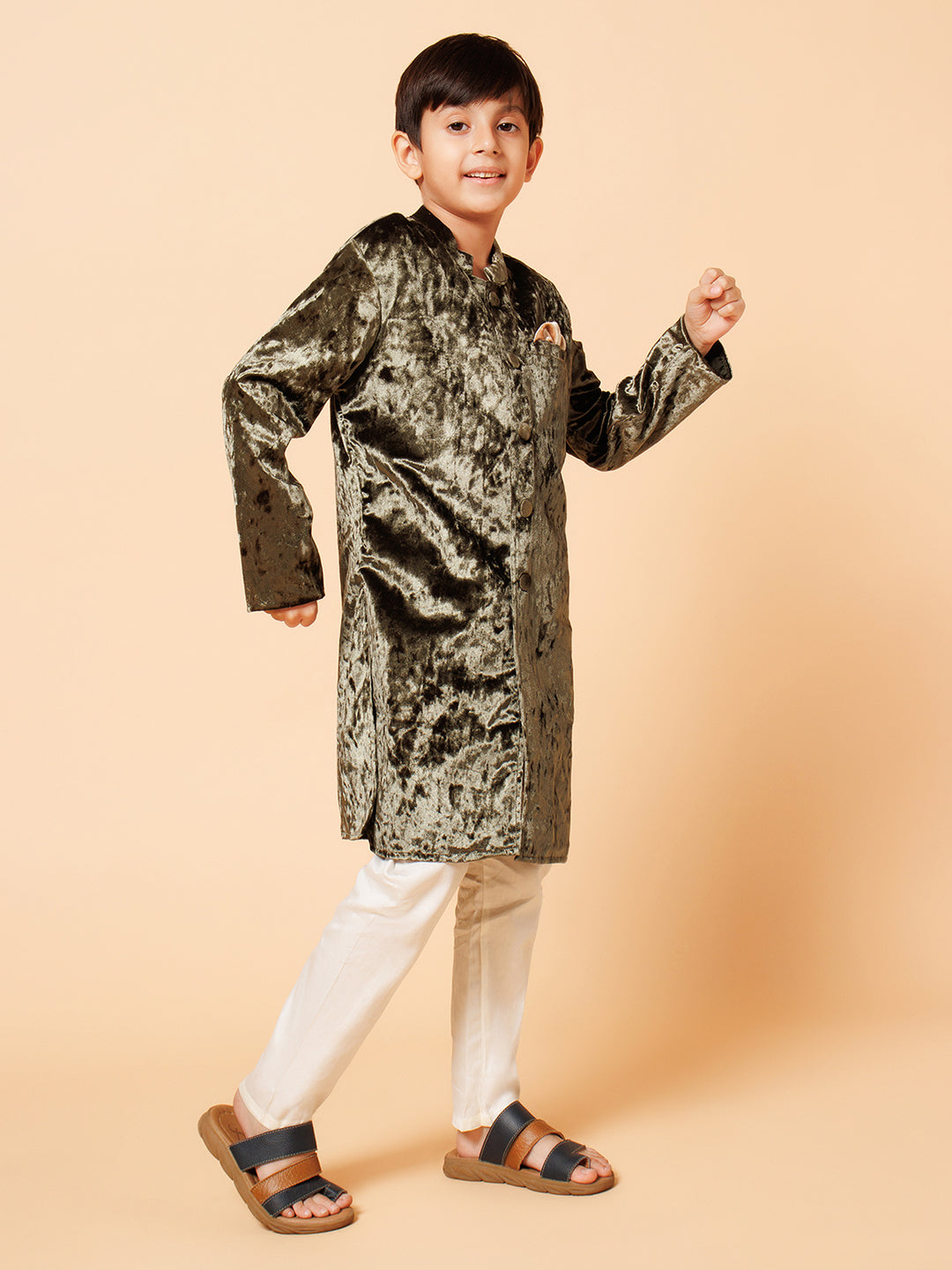 Boys Green Velvet Shrewani And Pyjama Set