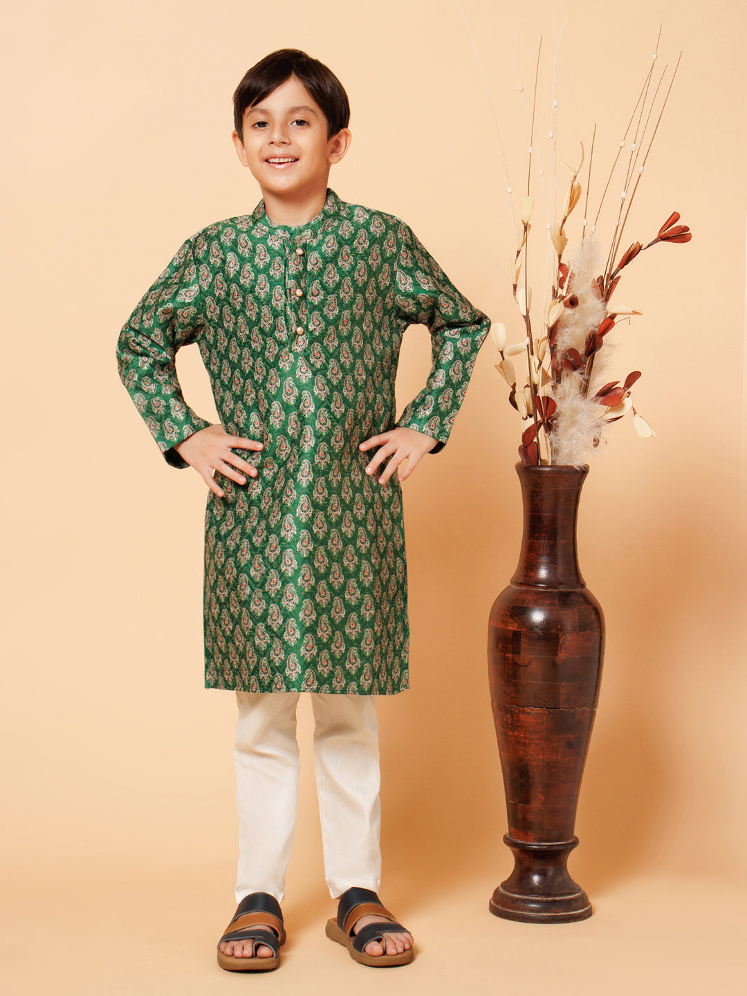Piccolo Boys Green Printed Kurta Pyjama set