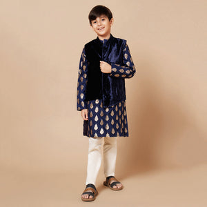 Boys Navy Blue Gold Motif Kurta Pyjama And Velvet Nehru Jacket Set